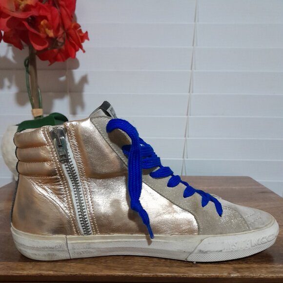 Golden Goose Laminated Slide Sneakers Sz 35 (US 5) Preowned Gold White Blue - Picture 16 of 16